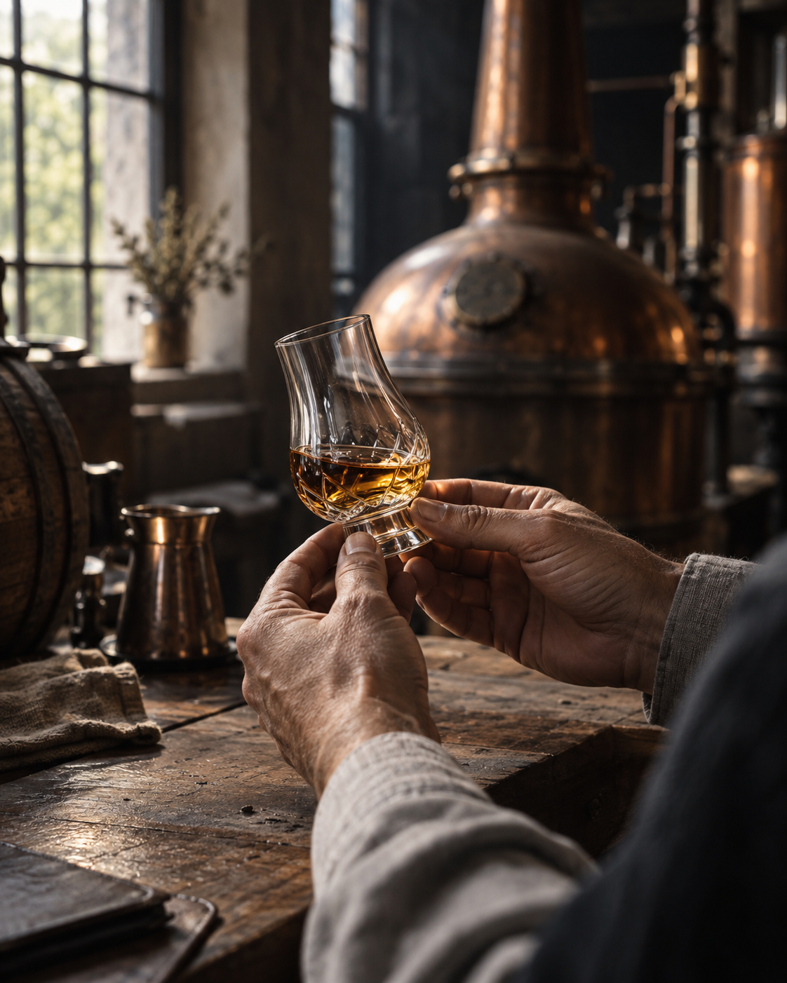 An artisan inspecting a spirit in a distillery