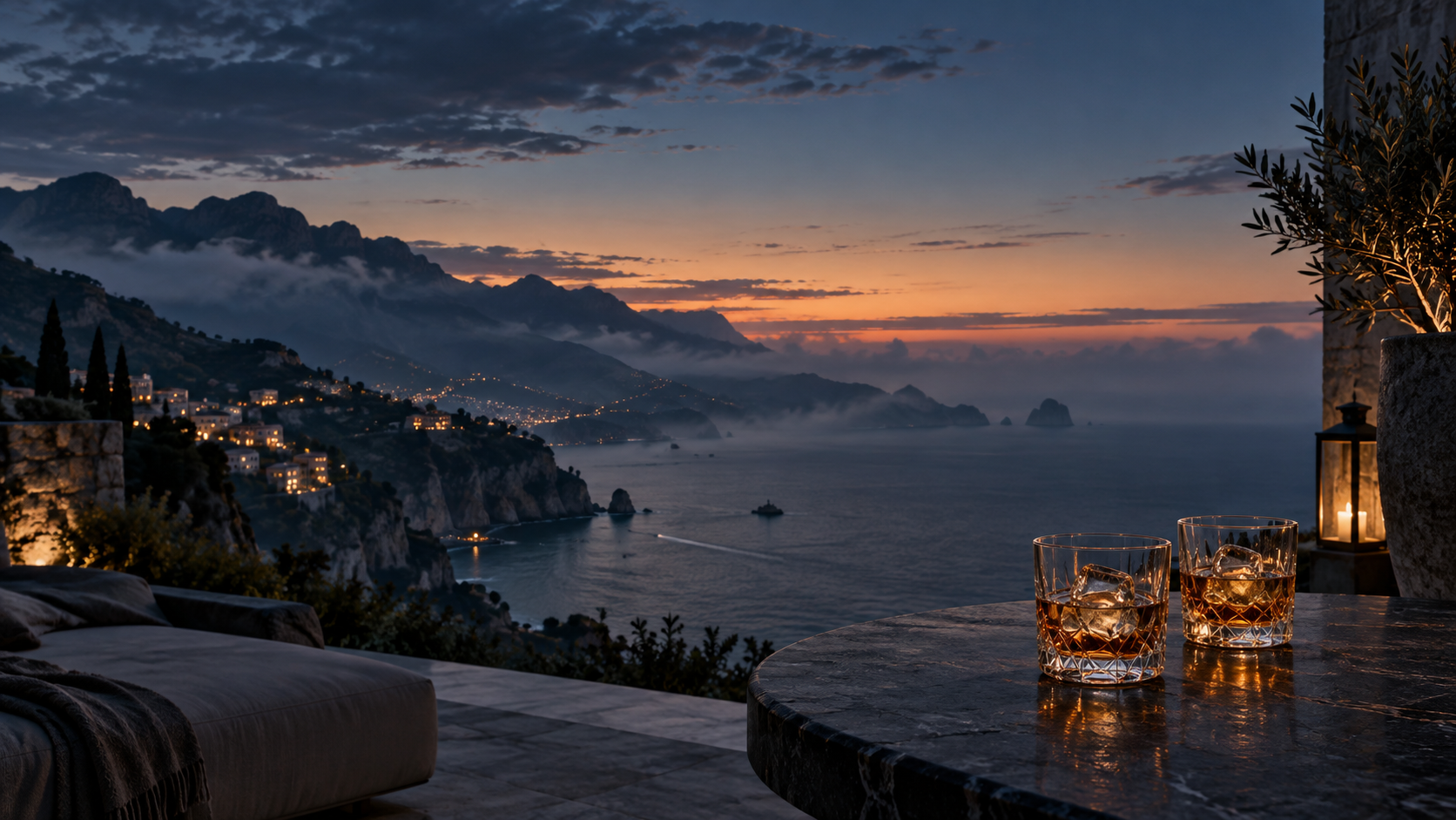 Two glasses overlooking a coastal landscape at dusk